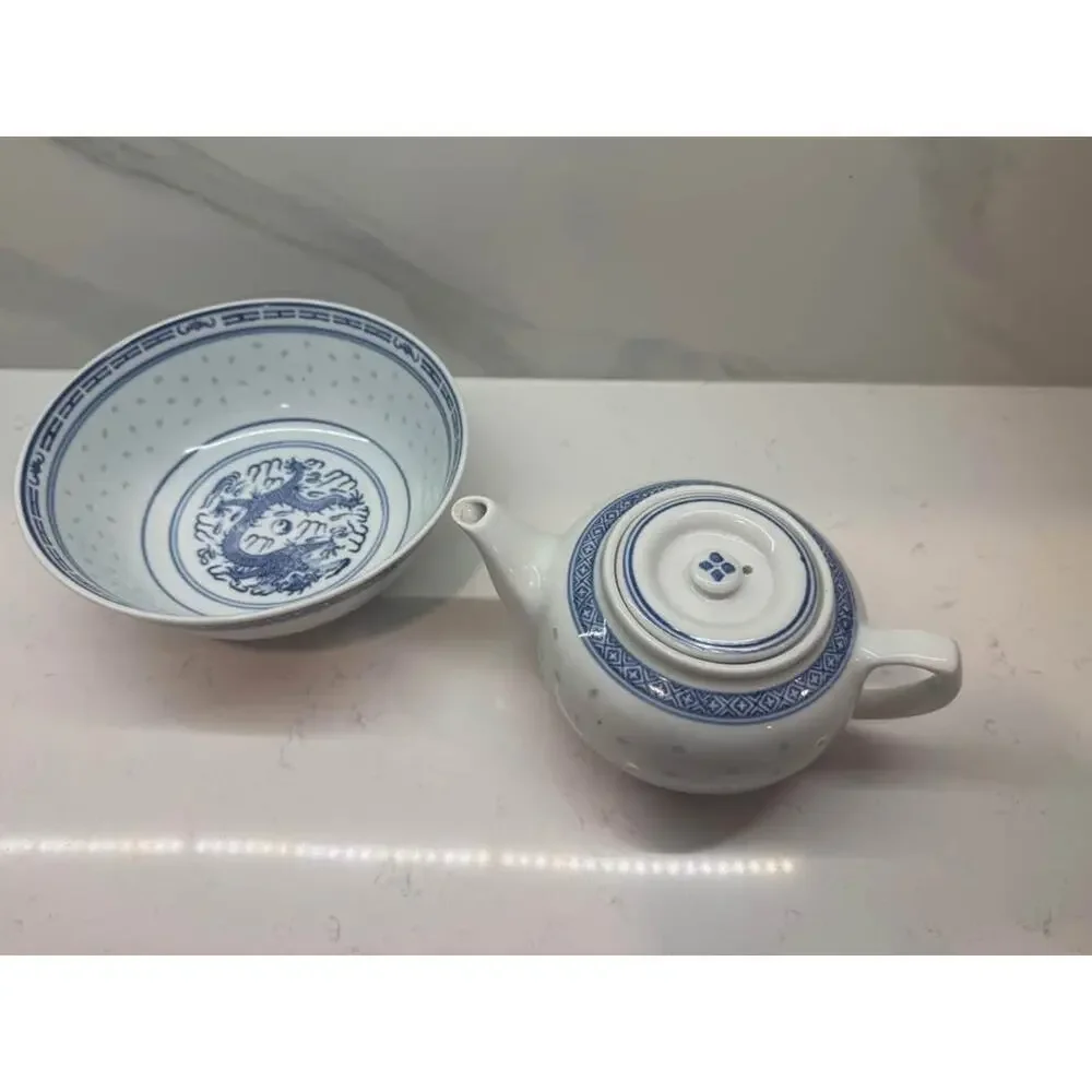 Vintage Chinese Rice Grain Blue and White Set - Teapot With Lid & Serving Bowl
